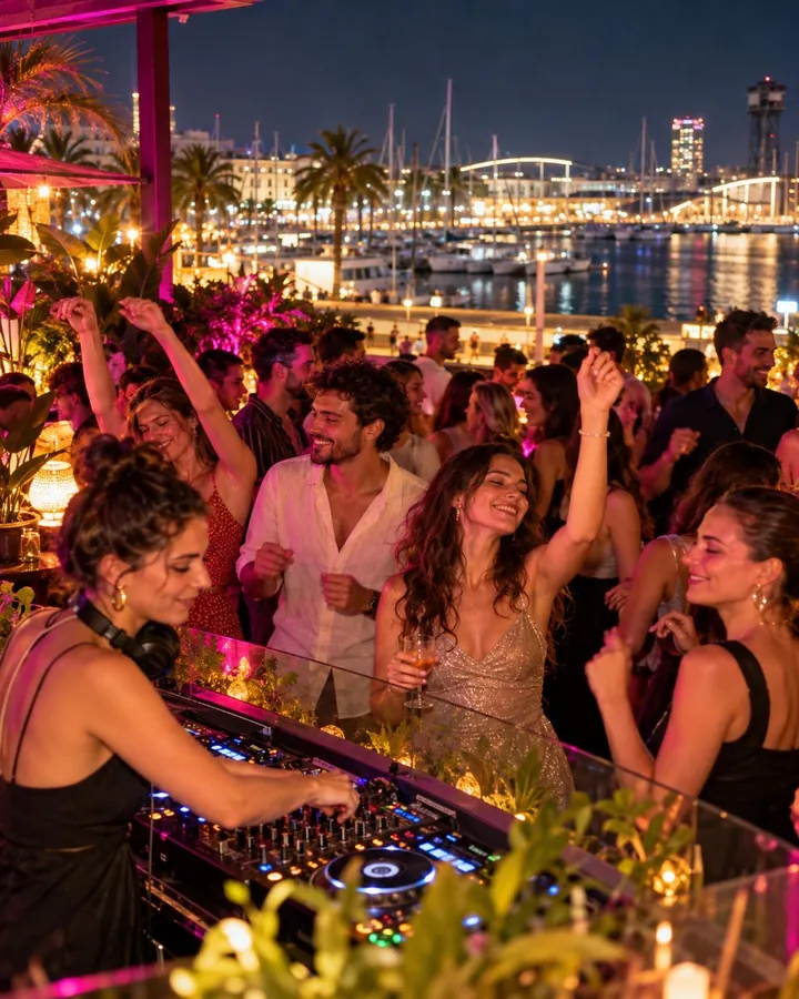 Rooftop party with a DJ above the port at night