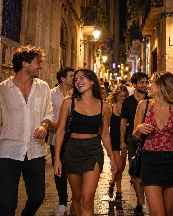 Friends walking through the old town at night