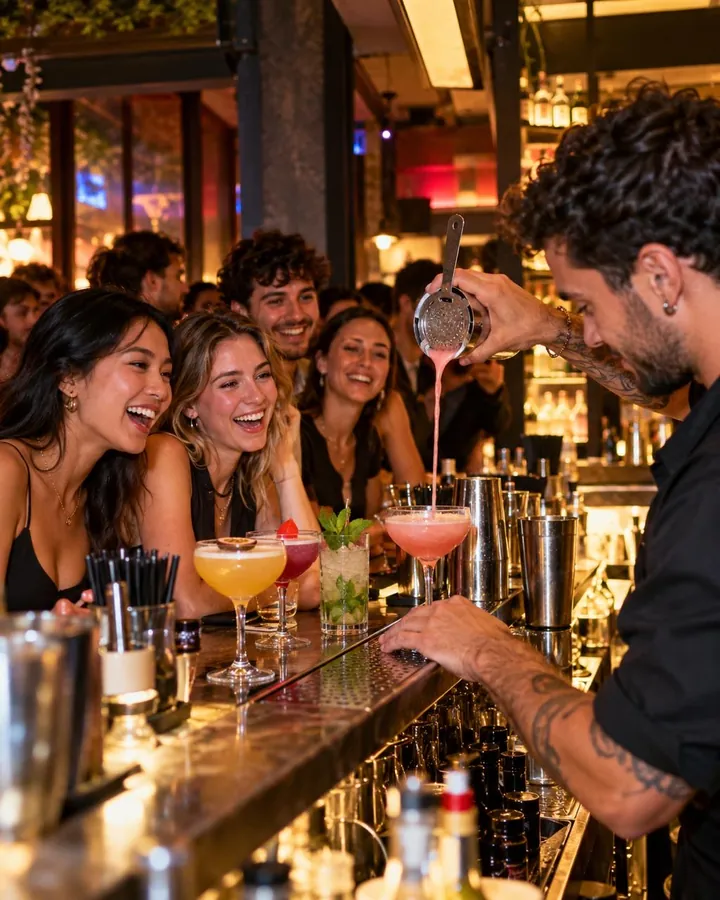 Bartender pouring cocktails for a laughing group