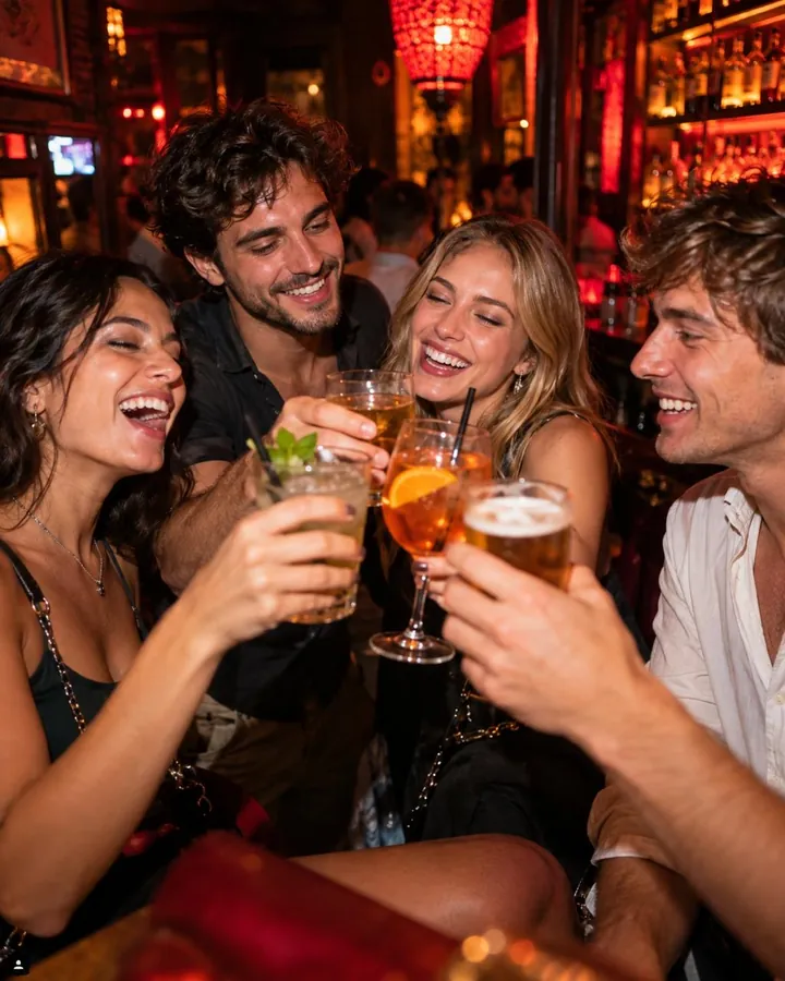 Friends toasting with drinks in a bar