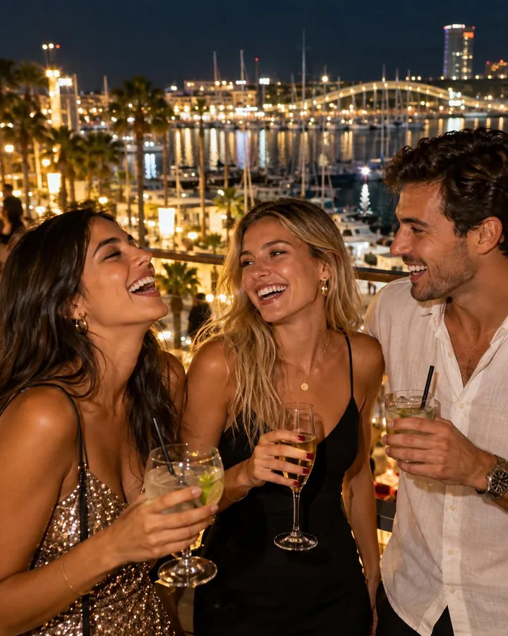 Friends with drinks on a terrace over the port