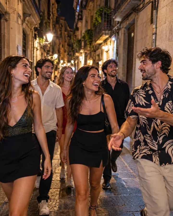 A group laughing on a night walk through narrow streets